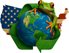 United Recyclers of America logo consisting of a vibrant grean and orange tree frog peeking over the edge of a globe. The tree frog and globe are surrounded by a green recycling symbol and behind the recycling symbol is a red white and blue depiction of the United States similar to what you would see on a map.