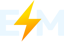 Electrical and more logo of white capital letters E and M with a yellow-orange lightning bolt in the center separating the letters