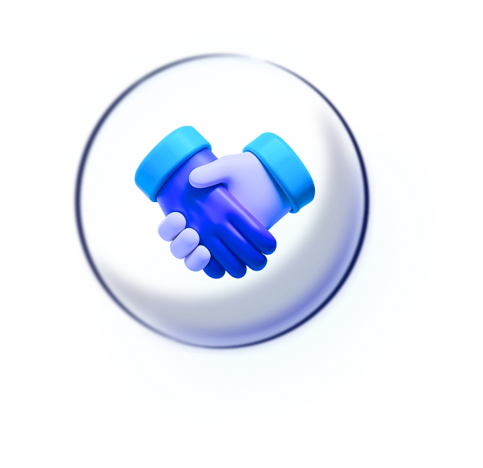 3d blue and white hands forming a handshake floating inside of a bubble